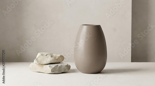 Ceramic vase and rocks on a neutral background with soft lighting