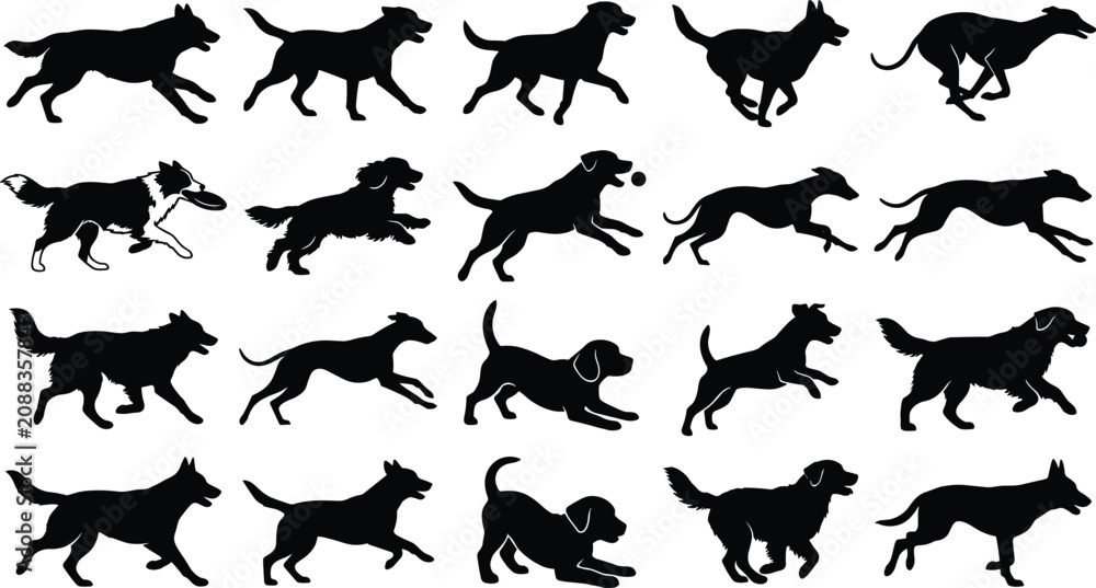 Fototapeta premium Collection of running and jumping dog silhouettes featuring various breeds isolated on a clean white background for design assets