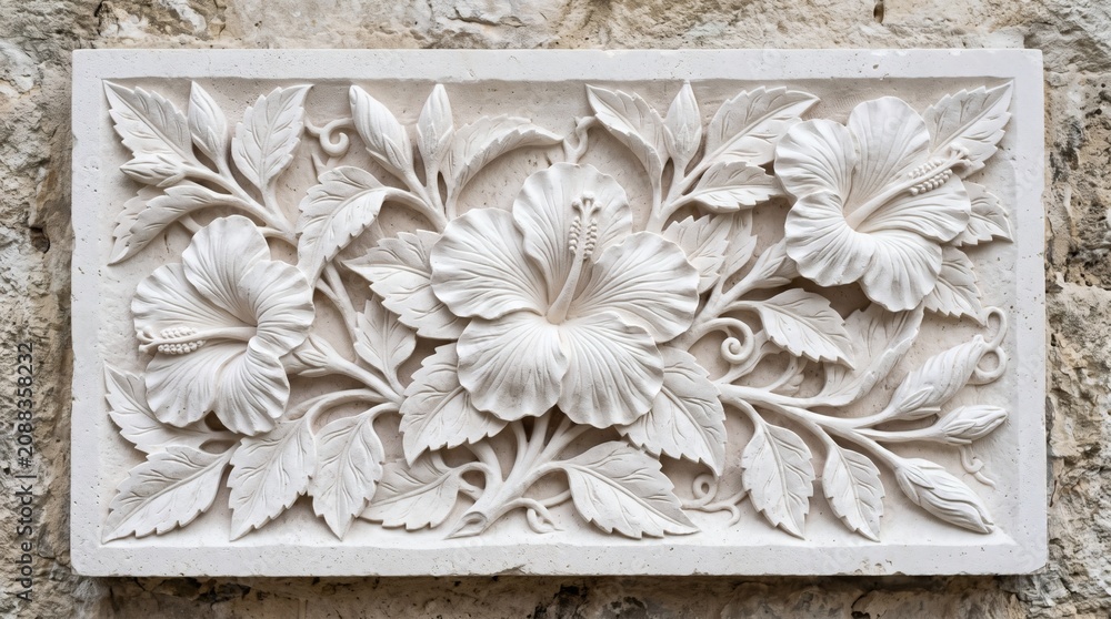 Obraz premium Intricate Stone Carving of Hibiscus Flowers and Leaves.