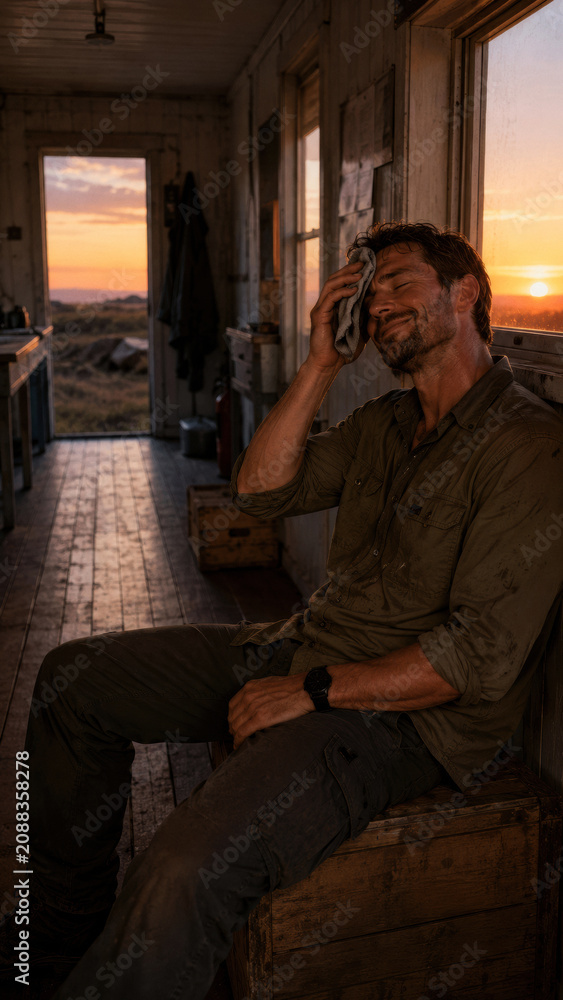 Obraz premium A man wipes his forehead while sitting on a wooden crate in a rustic cabin. The warm glow of sunset fills the room, creating a relaxed atmosphere.
