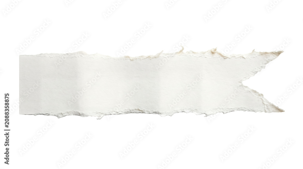 Fototapeta premium Torn paper strip, ripped edge, white background, texture element, design fragment