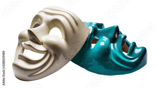 Fotografie Two theatrical masks comedy and tragedy smiling and grimacing, isolated on trans
