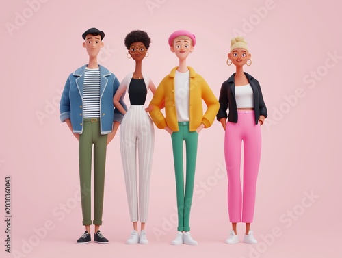 Group of four diverse 3D cartoon characters, two men and two women, standing together in stylish casual clothing, portraying youthful inclusivity and modern lifestyle