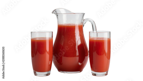 Obraz na plátně Clear glass pitcher with tomato juice and two glasses, isolated on transparent b