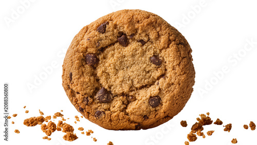 Obraz na plátně Golden brown chocolate chip cookie with crumbs, isolated on transparent backgrou
