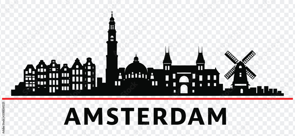 Obraz premium Amsterdam city skyline silhouette with famous landmarks and text
