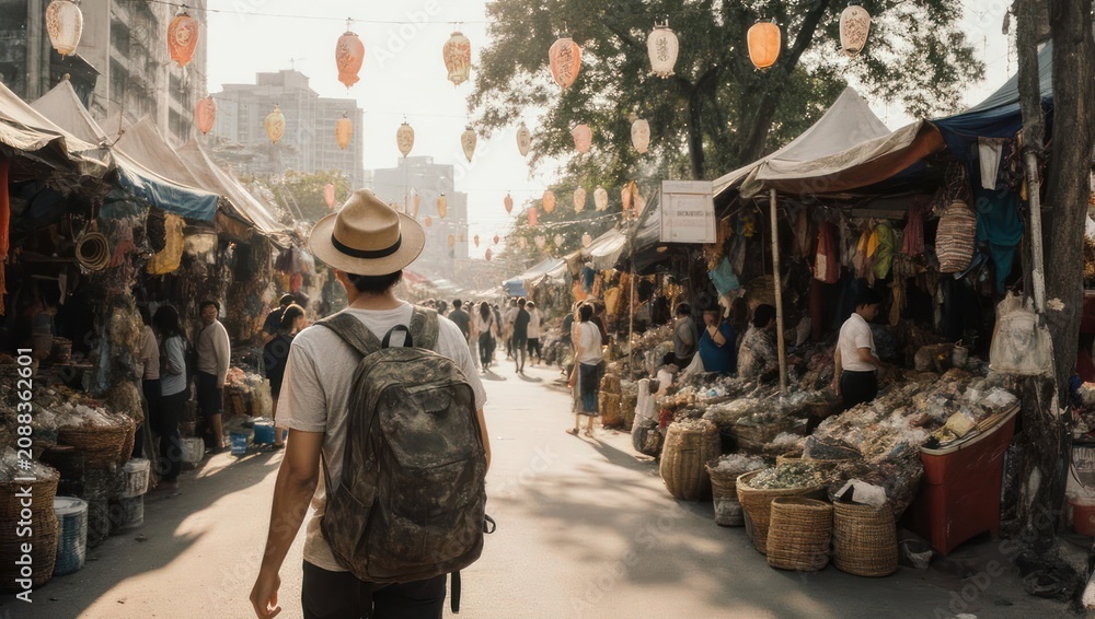 Obraz premium Traveler explores a vibrant outdoor market, lined with stalls & lanterns overhead, in a sunny cityscape