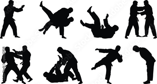 Obraz na plátně Martial Arts Combat Silhouette Collection with Grappling Throws Kicks and Self D