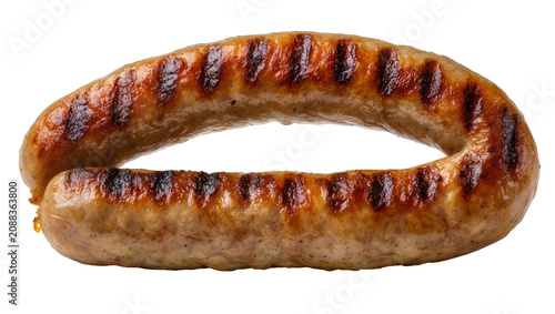 Bild auf Leinwand Curved grilled bratwurst sausage with dark grill marks, isolated on transparent