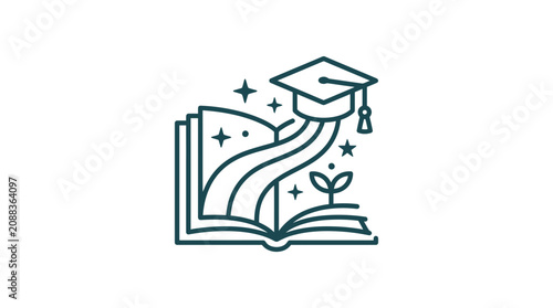 Graduation cap on open book with sprouting plant