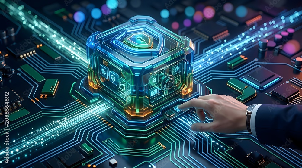 Fototapeta premium Interactive digital data shield concept with glowing circuit networks for advanced cybersecurity privacy and secure enterprise network encryption technology infrastructure solutions