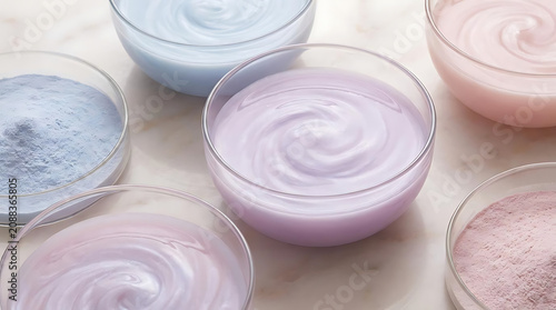 Creamy and powdery cosmetics in pastel colors in clear bowls