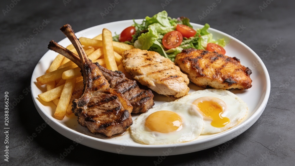 Fototapeta premium Top-down view of mixed grill platter with lamb chop, chicken cutlet, chicken chop, fries, eggs, and vibrant salad.