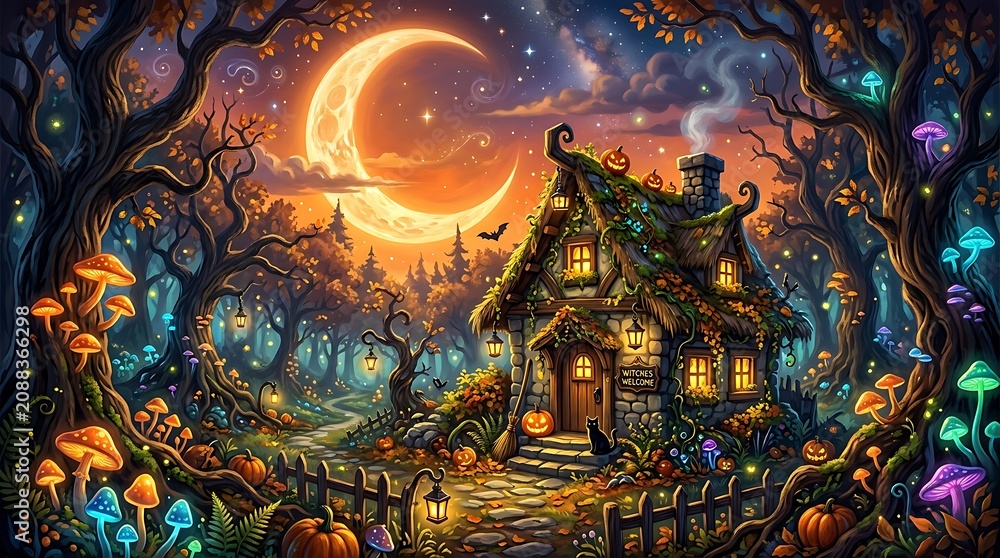 Fototapeta premium Enchanting halloween cottage spooky forest scene with jack o' lanterns and full moon