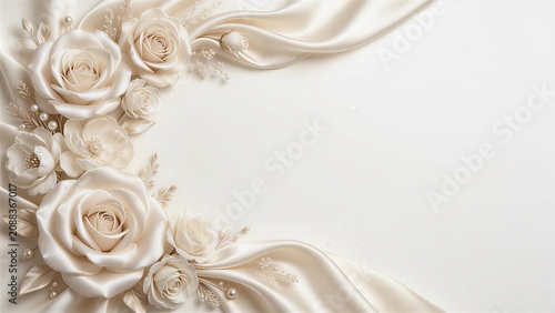 Luxury floral border graphic with graceful ivory satin rose flowers and blossoms, delicate leaves and pearl accents, flowing ivory silk fabric drapery, creamy off-white background, fine botanical art