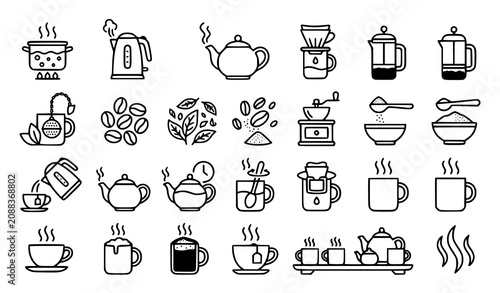 Εκτύπωση καμβά Hot Beverage Brewing Process Icon Set with Tea Coffee and Herbal Drink Vector Co