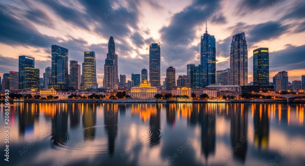 Fototapeta premium City skyline at sunset by water.
