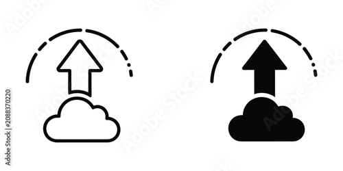 Cloud upload data transfer featuring upward arrow symbol and dashed arc line in outline and solid black styles