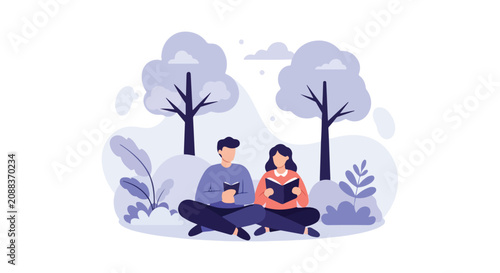 Принти на полотні A man and a woman sit cross-legged in a stylized, purple-toned park, deeply immersed in reading their books amidst lush trees and foliage