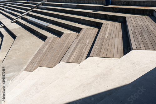 Canvastavla Concrete and wooden steps of a modern city amphitheater sit on Vistula river promenade in Warsaw