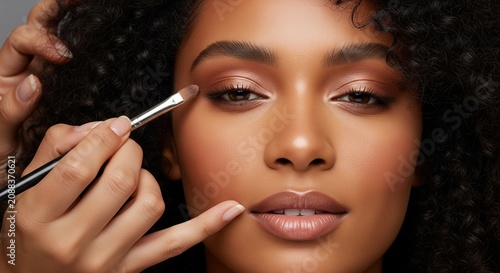 Close-up on beautiful woman's face as makeup artist applies eyeshadow with brush