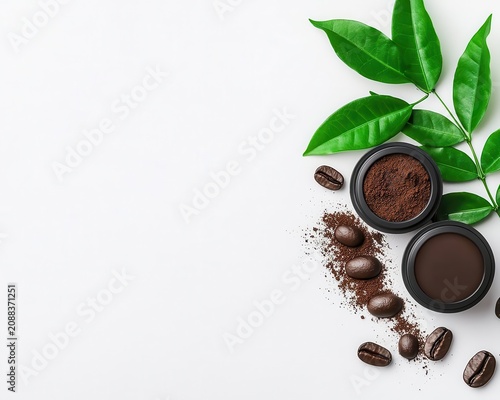Compostable coffee pods with fresh grounds and green leaves, sustainable coffee culture, ecoconscious brewing concept