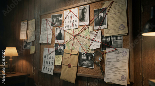 A detective's crime investigation board with photographs, maps, and evidence connected by red string, set in a dimly lit, wood-paneled room, suggesting a complex mystery.