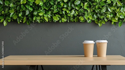 Sunlit cafe with living wall and reused decor, sustainable coffee culture, natural materials focus