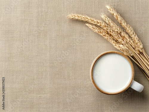 Coffee with oat milk and agave syrup on linen runner, sustainable coffee culture, plantbased pairing concept