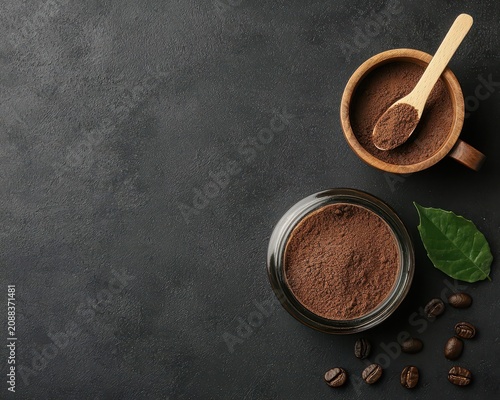 Organic coffee scrub in glass jar with ingredients and cup nearby, sustainable coffee culture, beauty and lifestyle blend
