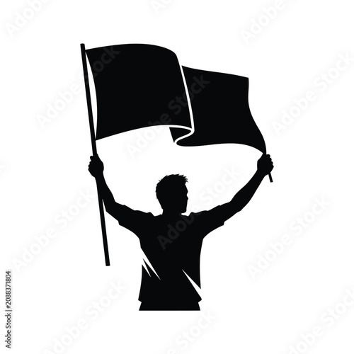 Bilde på lerret Man holding two black flags up.
