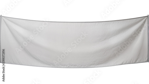 Fotografie Wrinkled white fabric banner with grey trim, isolated on transparent background