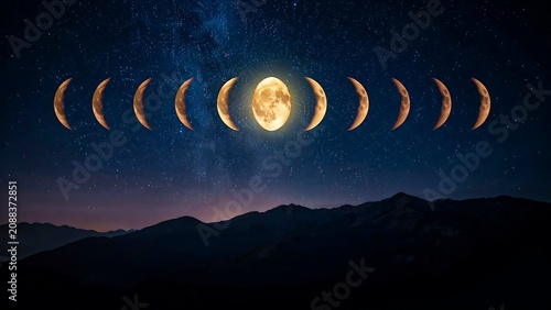 Sequence of full moon phases above mountain landscape under starry night sky
