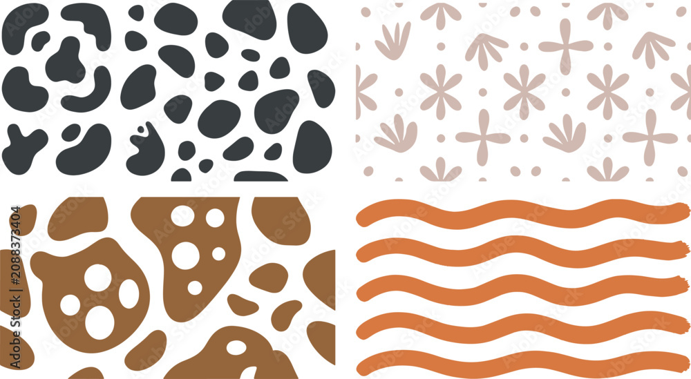 Fototapeta premium Four distinct abstract seamless patterns including animal spots organic shapes wavy lines in a minimalist modern style with animal print leopard print cheetah print modern pattern