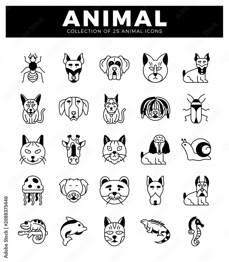 Fototapeta premium animal icons in simple line art with clear outlines on a white background.