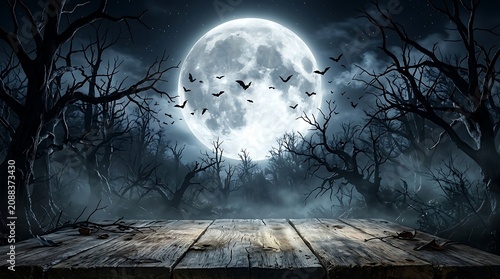 Spooky halloween night full moon bats and dark forest scene