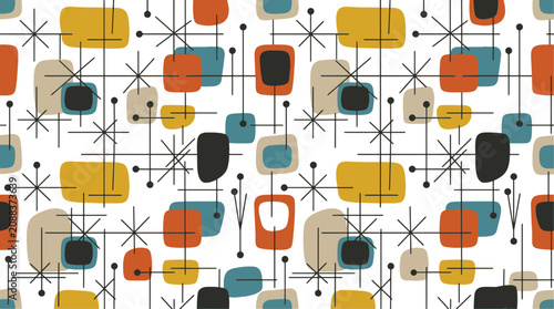 Fotografía Mid-century modern geometric pattern with abstract shapes and starbursts midcent
