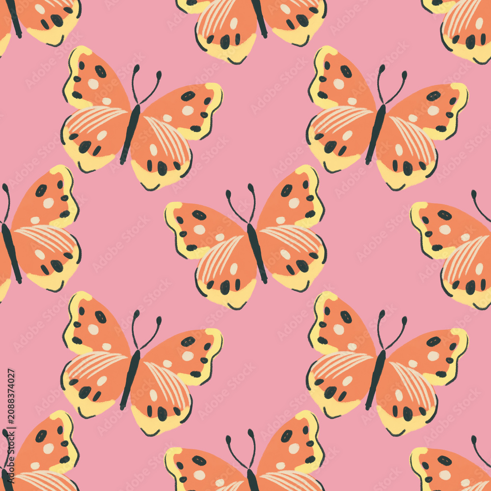 Fototapeta premium Seamless pattern with orange butterflies in oil pastel style