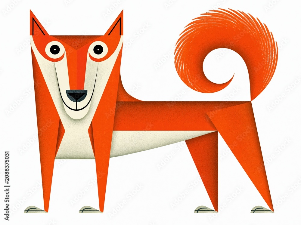 Fototapeta premium Stylized Geometric Origami Dog Character with Curly Tail, Isolated on White Background