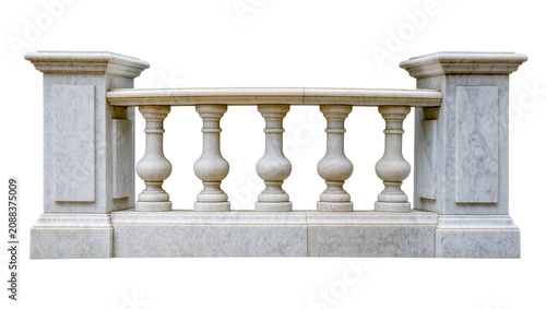 Fotografie Ornate white marble balustrade with carved balusters and square posts, isolated