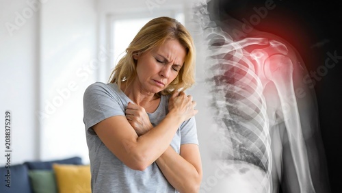Woman suffering from shoulder pain with highlighted inflamed shoulder joint concept
