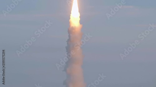 Test flight of the ballistic missile. Swift, energetic takeoff of a rocket on the weapons range. Shooting ground