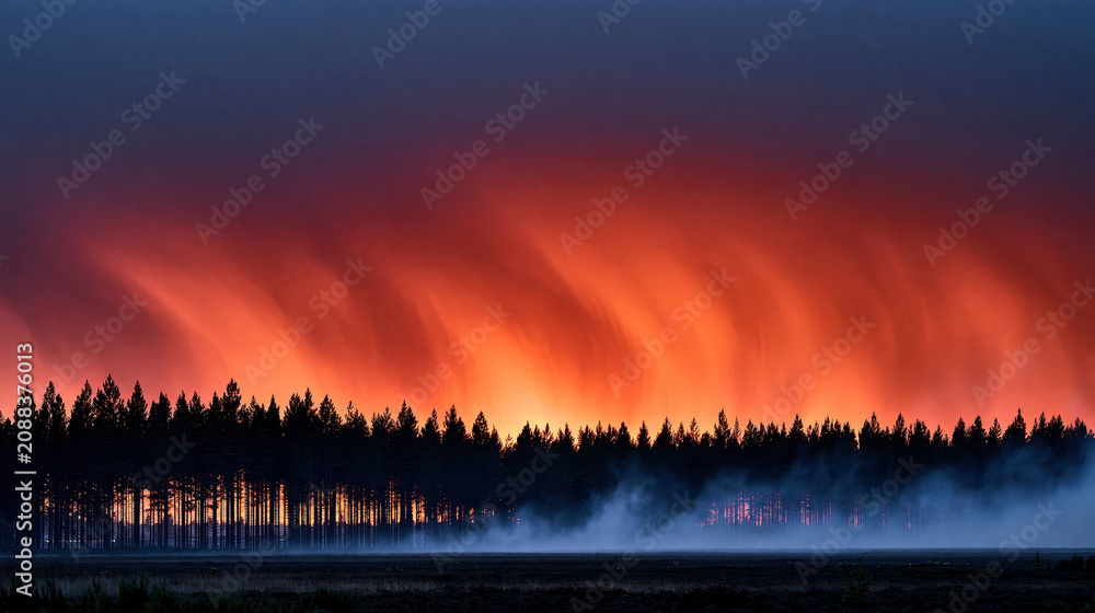 Obraz premium Forest line silhouetted against a dramatic sunset sky, showing an intense orange and red atmospheric phenomenon with intricate cloud patterns and a mystical morning mist creeping along the ground