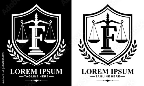 Monogram Initial Letter F Law Firm Justice Scale Shield Logo Vector