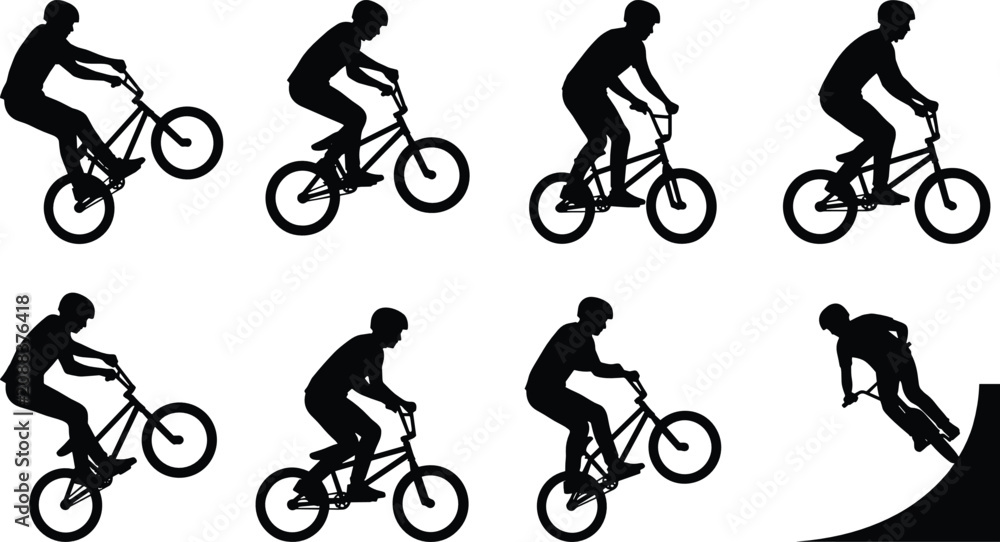 Obraz premium BMX Rider Silhouette Set with Freestyle Tricks, Stunts, Jumps and Skate Park Action