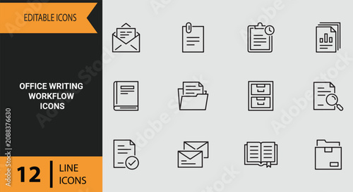 Office Writing Workflow Icons Outline icon set: Efficient Office Writing Workflow Outline Icons for Corporate Documentation and Business Report Creation