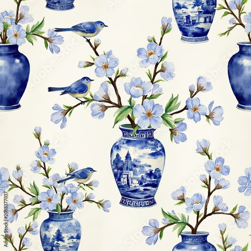 Vintage Blue and White Floral Vase Pattern with Birds and Blossoms for Wall Decor