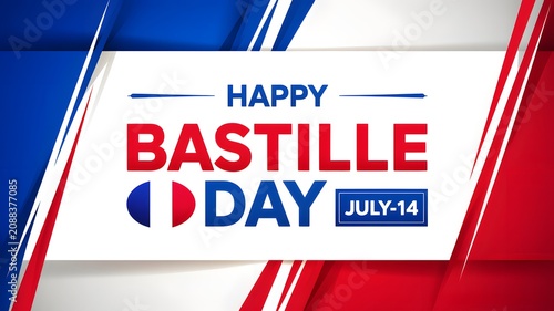 Festive French National Celebration Banner with Fireworks and Date on Red White Blue Background