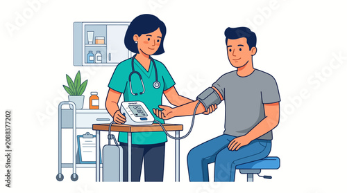 Doctor and Patient with Nurse Providing Medical Care and Consultation in Modern Hospital Cartoon Vector Illustration