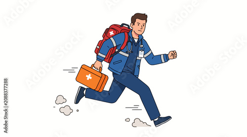 Young male doctor run to patient Cartoon Vector Illustration